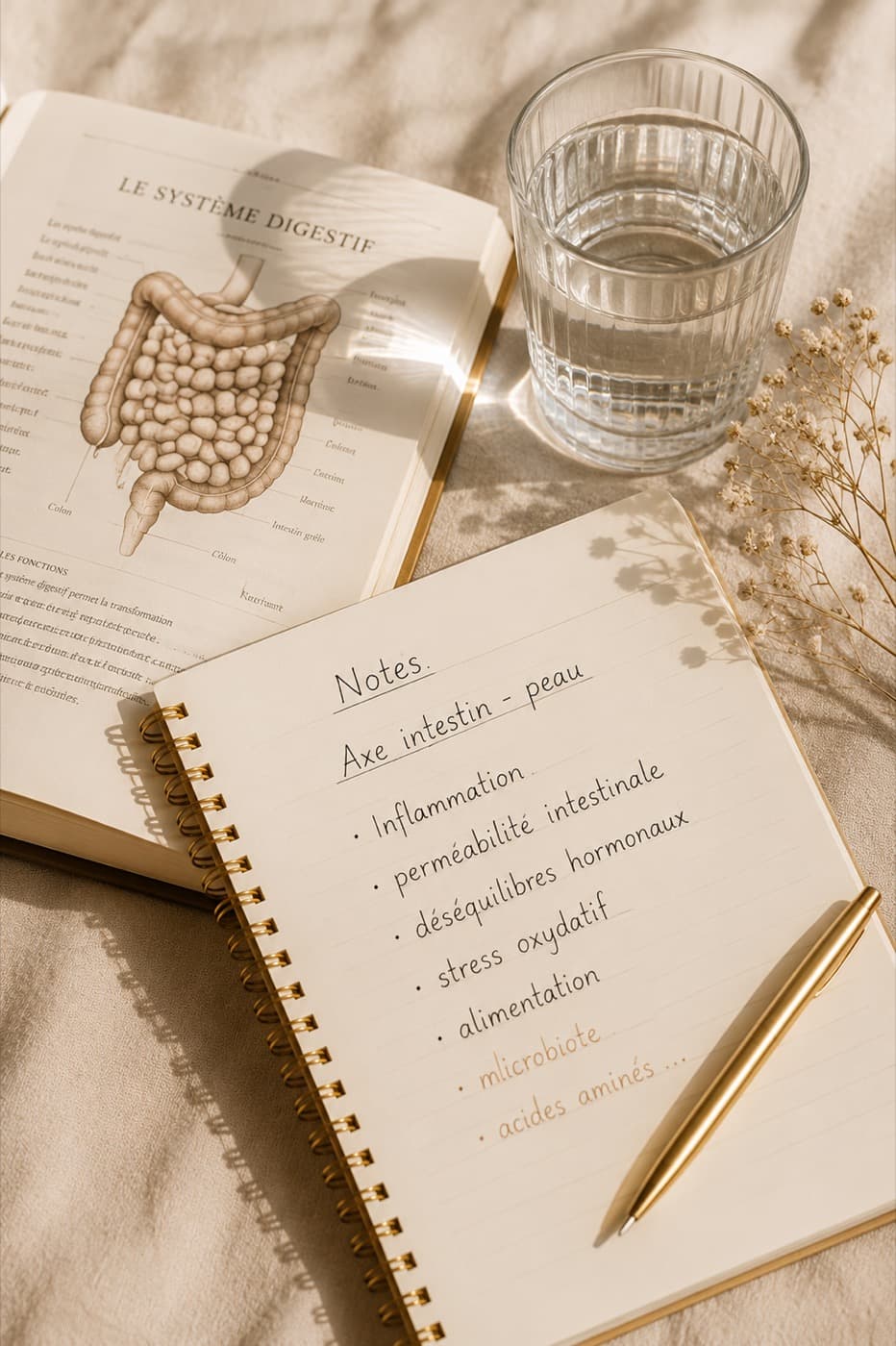 Carnet de notes ouvert sur les axes du terrain, à côté d'une planche du système digestif